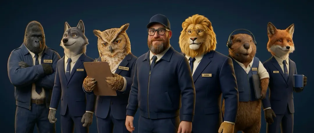 The Built By PELT crew, drawn as animated characters in navy uniforms: Portis the gorilla, Jordan the wolf, Penelope the owl with a clipboard, Jereme in the middle in a ball cap and glasses, Kirk the lion, Sawyer the beaver in a headset, and Don the fox with a coffee mug.