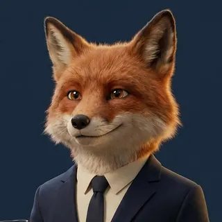 Don, drawn as a red fox in a navy suit