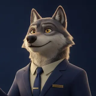 Jordan, drawn as a grey wolf in a navy suit