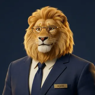 Kirk, drawn as a lion with glasses in a navy suit