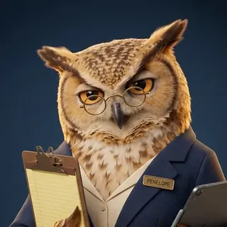 Penelope, drawn as an owl in a navy blazer holding a clipboard