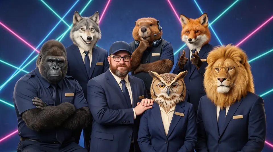 A cheesy 1990s picture-day portrait of the crew in navy suits in front of a laser backdrop: Jereme with a hand on Penelope's shoulder, Don doing finger guns, Portis with arms crossed.