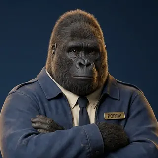Portis, drawn as a gorilla in a security uniform, arms crossed