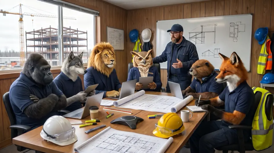 The crew in a construction site-office trailer: Penelope the owl runs the meeting from the head of the table while Jereme stands at her shoulder addressing the group, with drawings, laptops and hard hats on the table and a steel building out the window.
