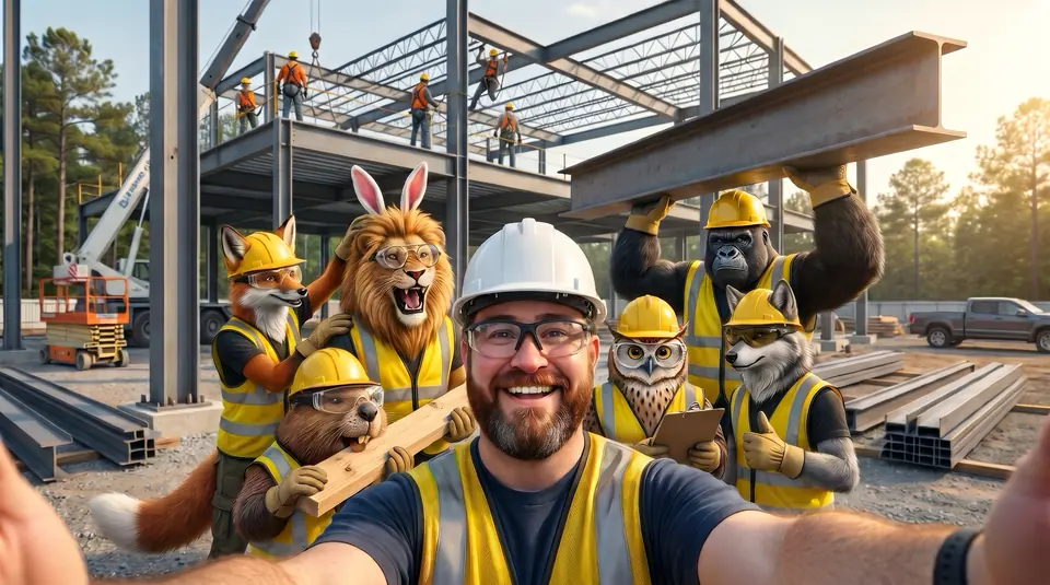 Jereme takes a selfie at a structural steel job site while the crew photobombs in hard hats, safety glasses and hi-vis vests: Don gives Kirk bunny ears, Sawyer chews a 2x4 and Portis holds a steel beam overhead.